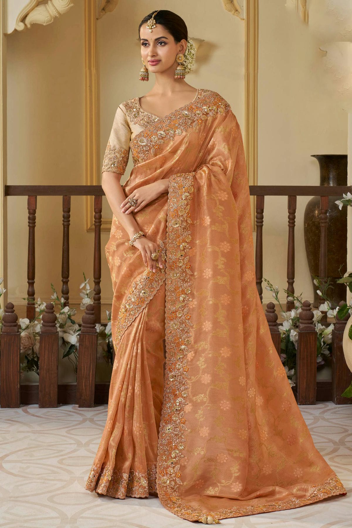 Orange Colour Viscose Tissue Designer Saree