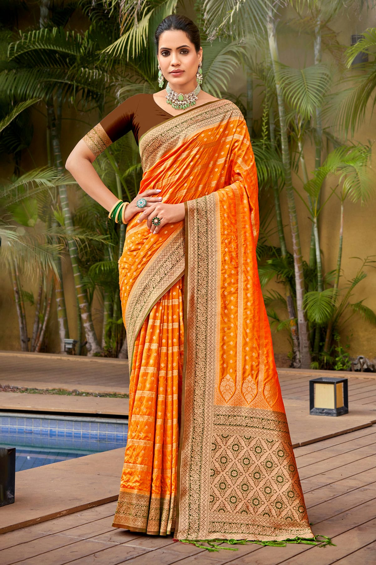 Orange Colour Woven Work Banarasi Silk Saree