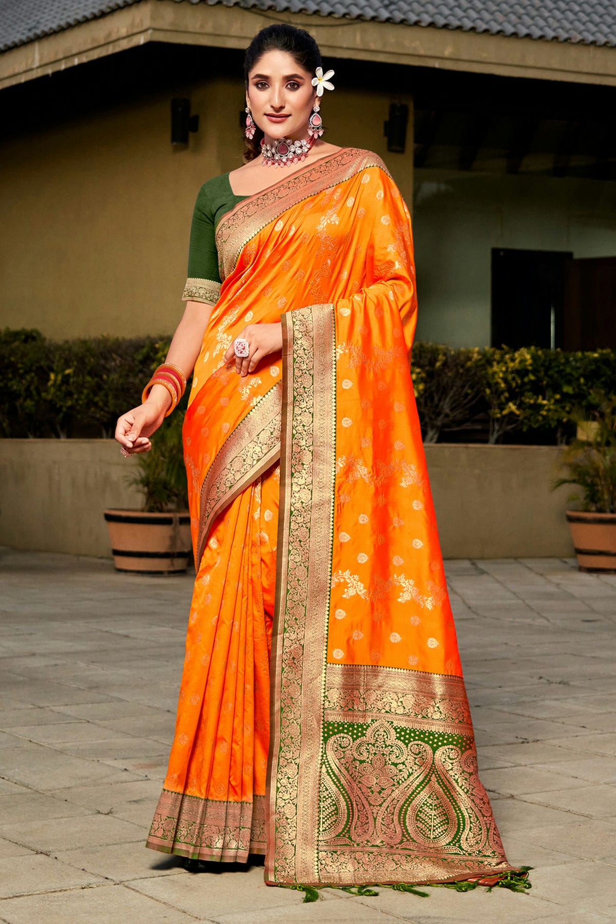 Orange Colour Woven Work Banarasi Silk Saree