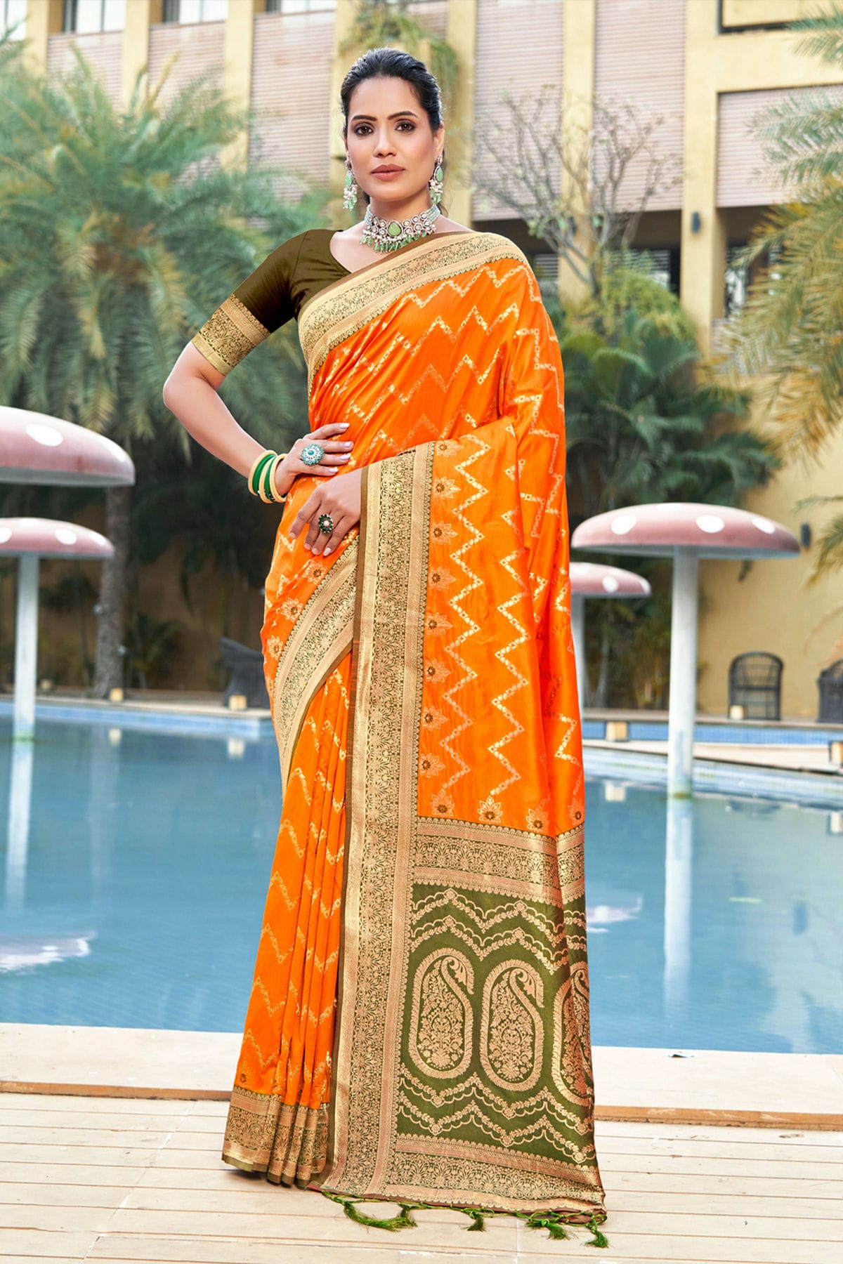 Orange Colour Woven Work Banarasi Silk Saree