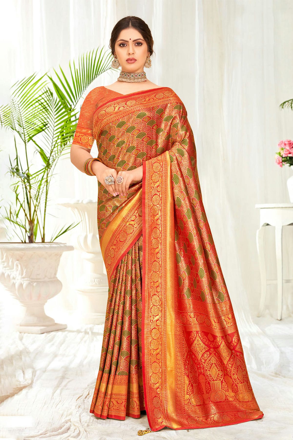 Orange Colour Woven Work Banarasi Silk Saree