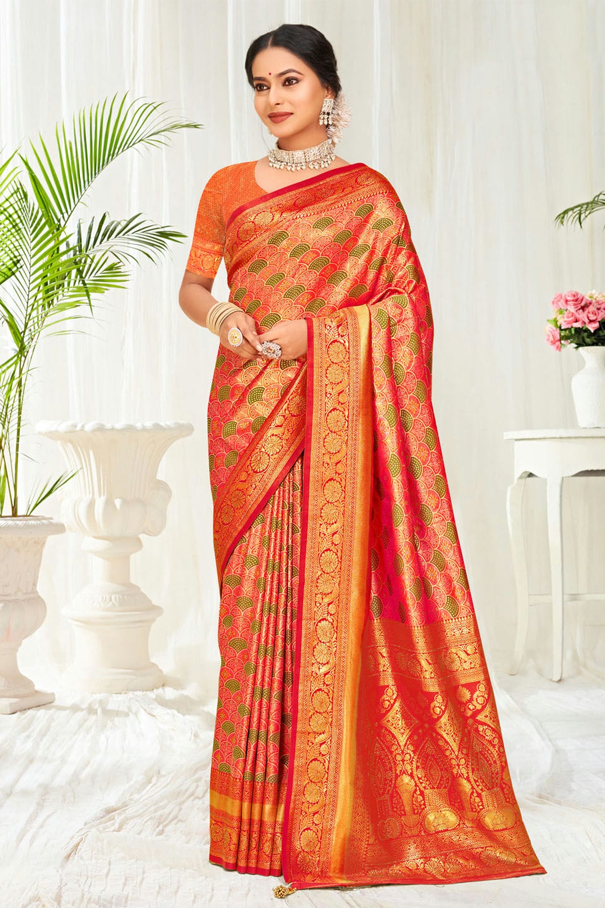 Orange Colour Woven Work Banarasi Silk Saree