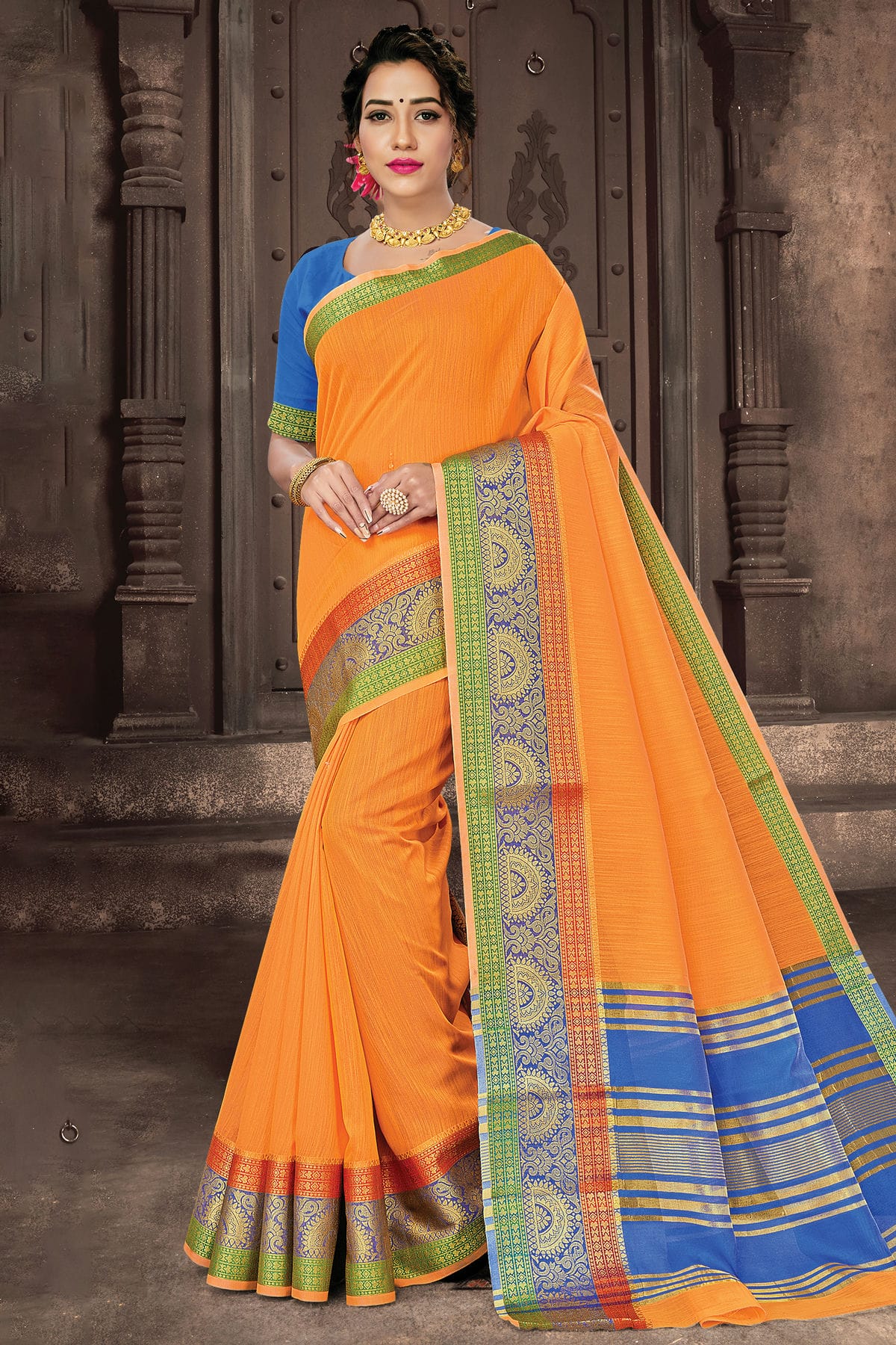 Orange Colour Woven Work Cotton Handloom Saree