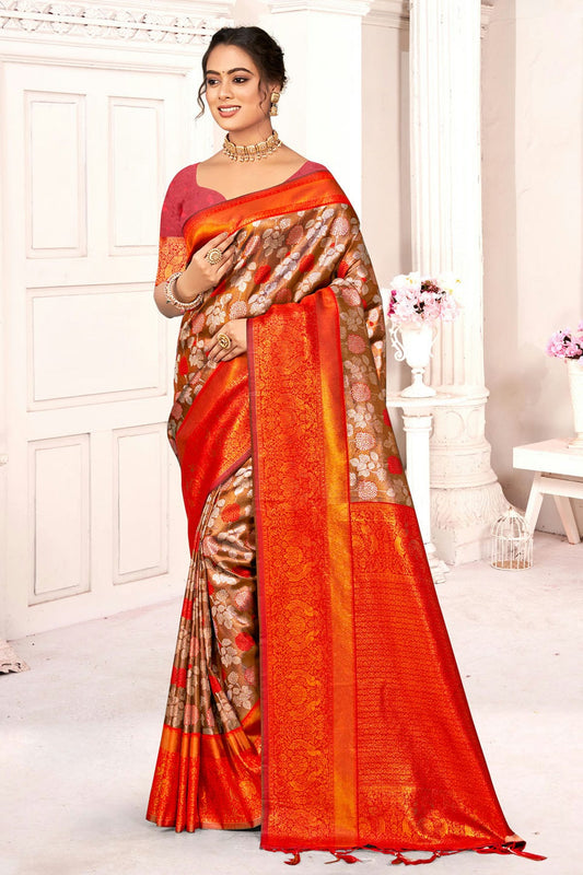 Orange Colour Woven Work Kanjivaram Silk Saree