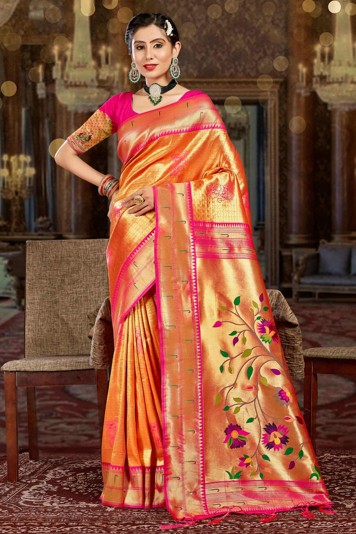 Orange Colour Woven Work Paithani Silk Saree