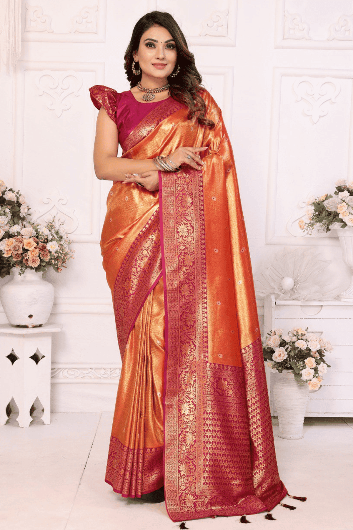 Orange Colour Woven Work Pure Banarasi Tissue Silk Traditional Saree VSSD1250250