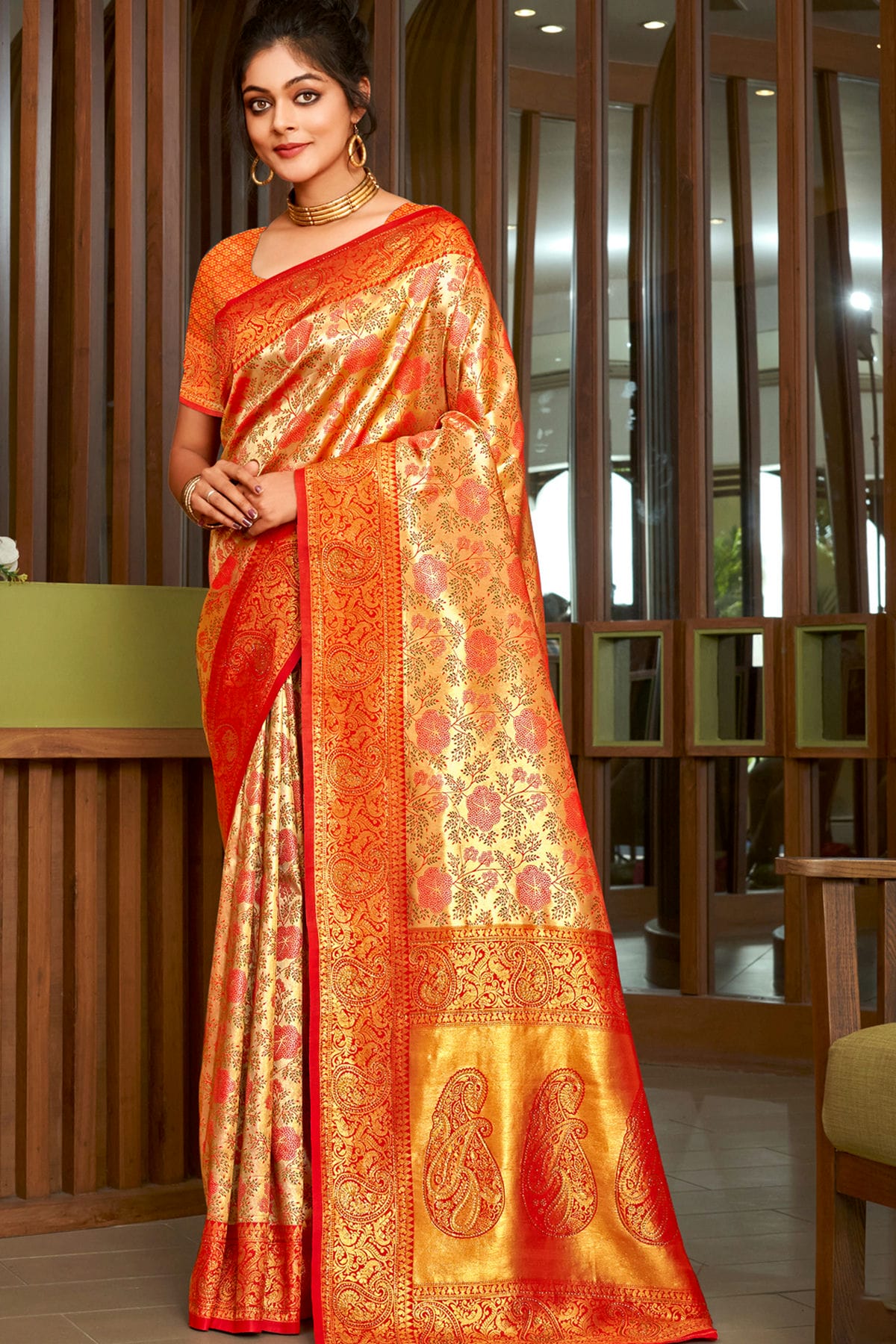 Orange Colour Woven Work Silk Saree