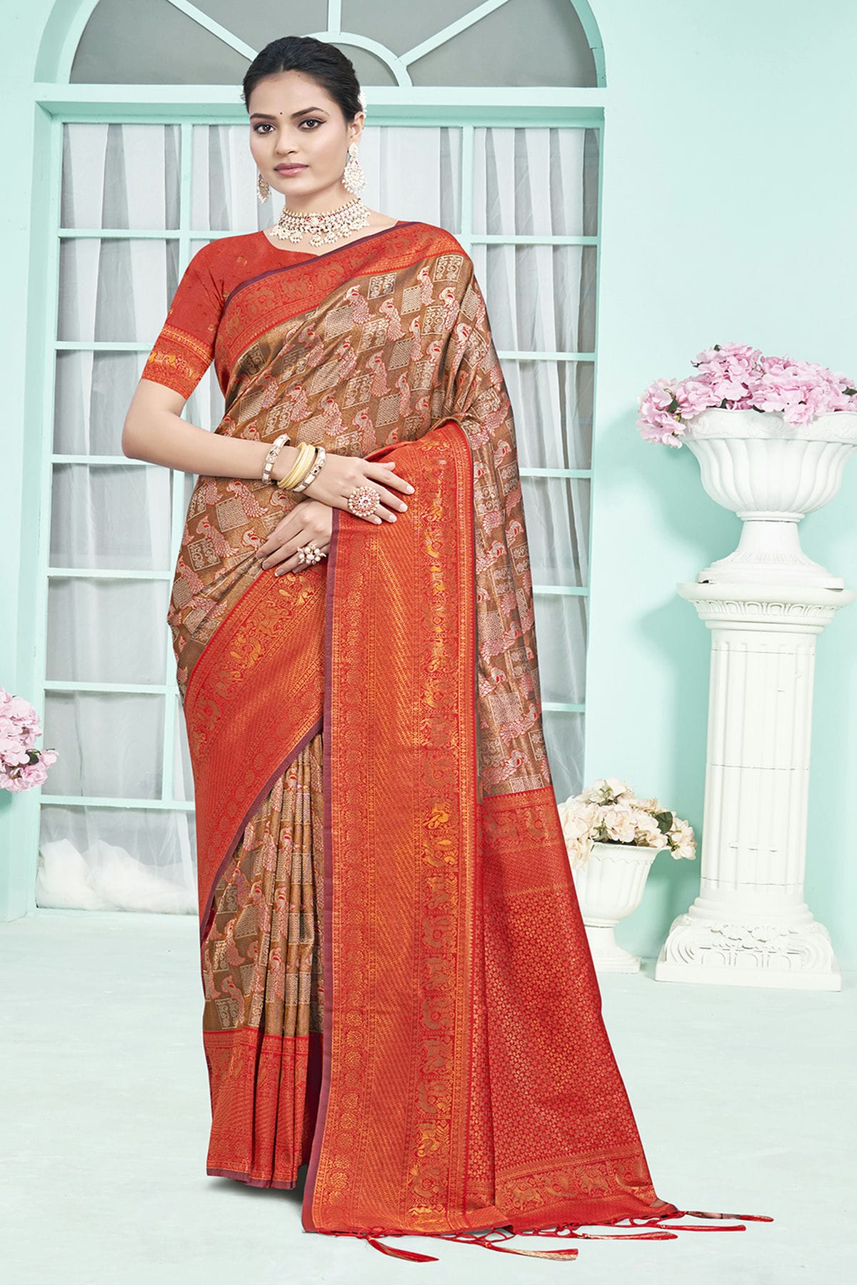 Orange Colour Woven Work Silk Saree