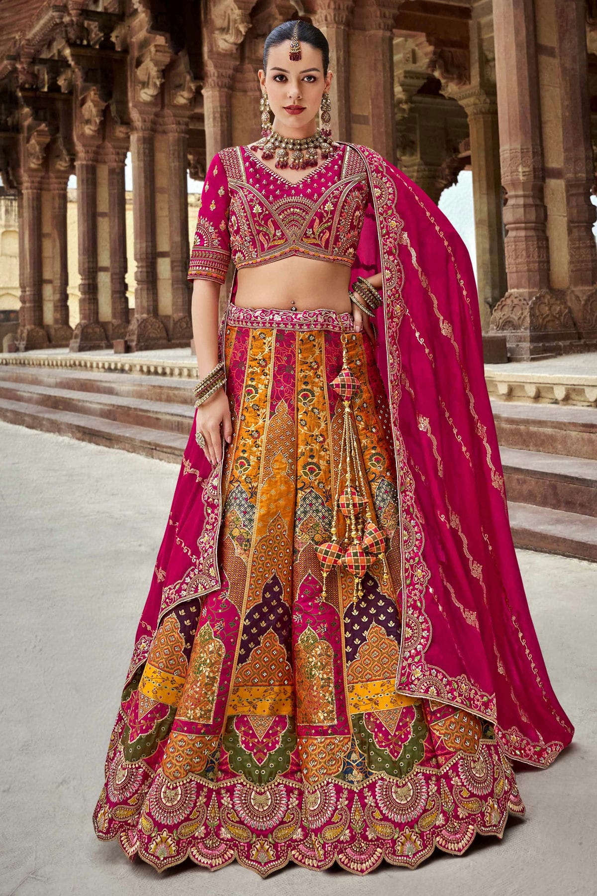 Orange and Pink Colour Banarasi Silk Bridal Lehenga Choli