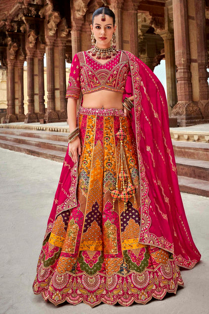 Orange and Pink Colour Banarasi Silk Bridal Lehenga Choli