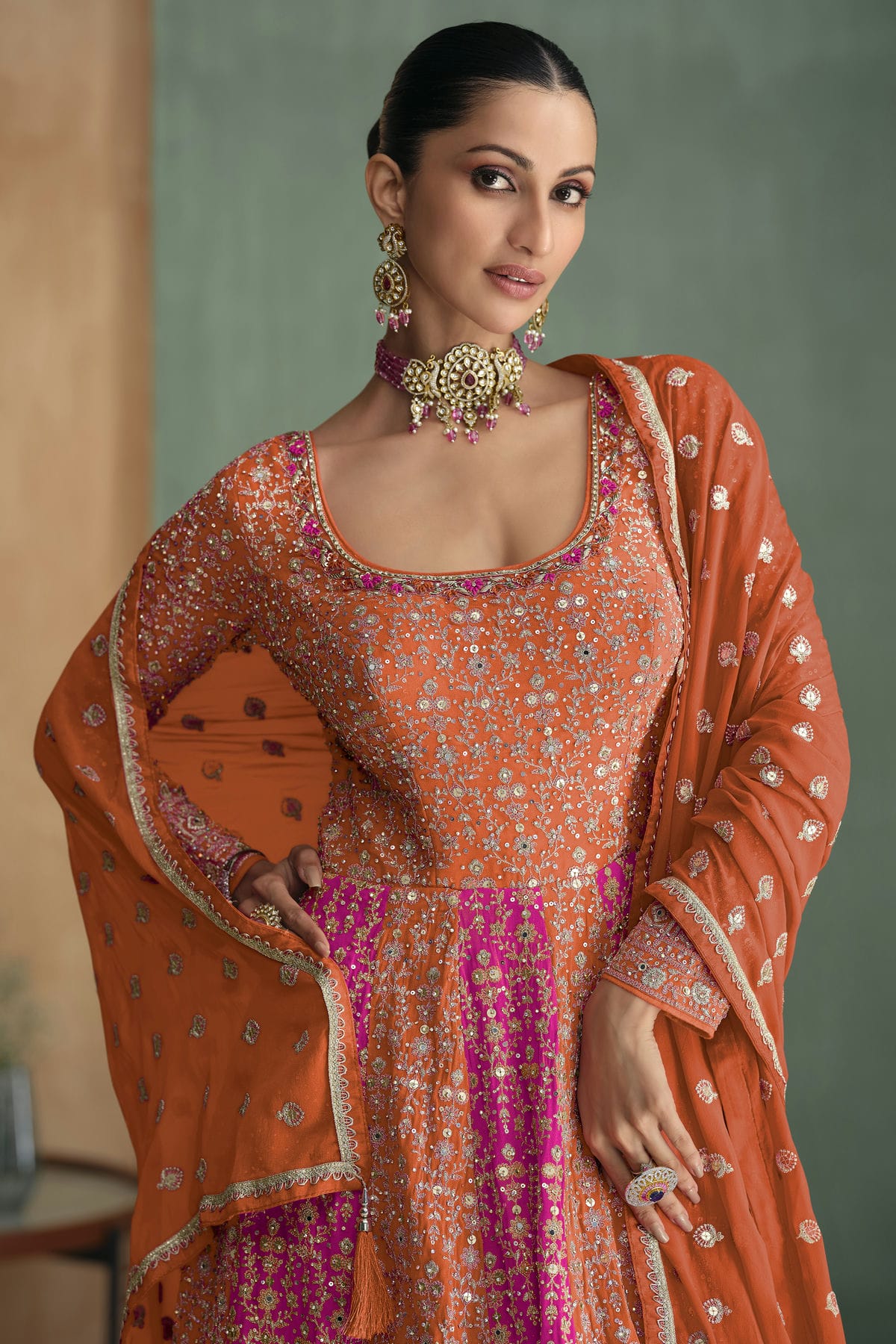 Orange and Pink Colour Georgette Gown VSSM1140597