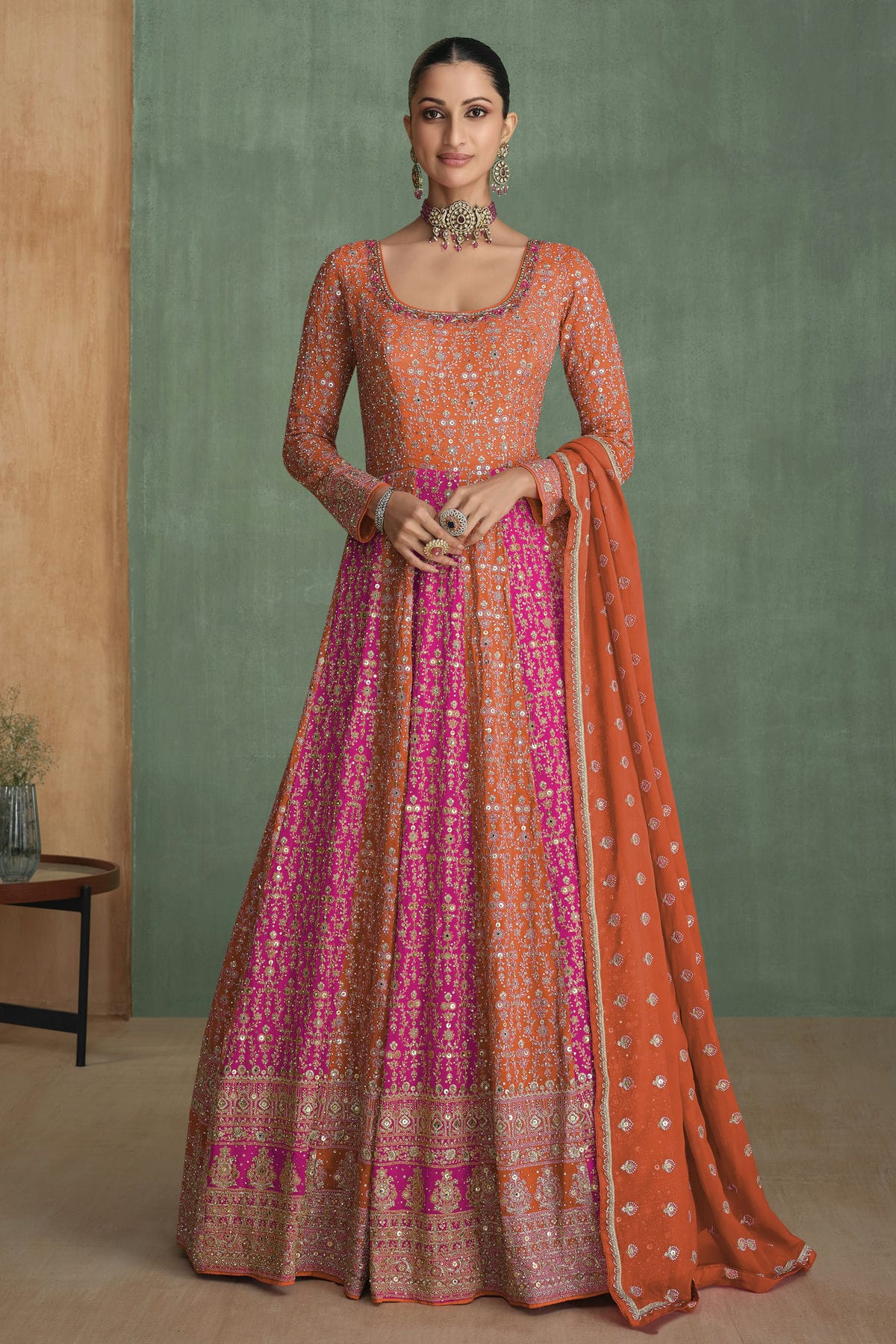 Orange and Pink Colour Georgette Gown