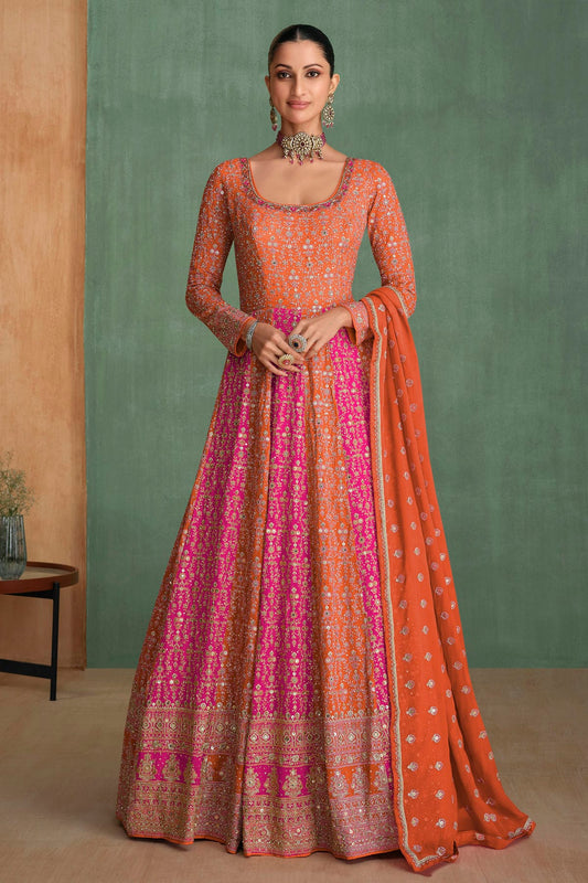 Orange and Pink Colour Georgette Gown