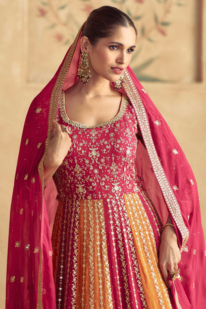 Orange and Pink Colour Gerogette Anarkali Suit VSSM1140609