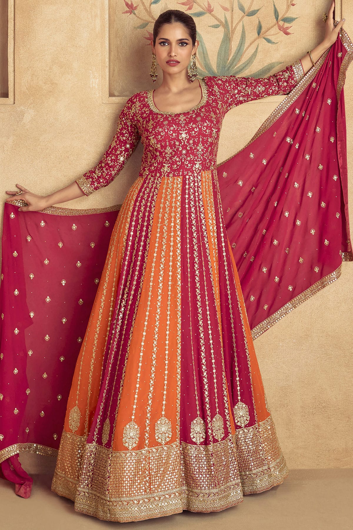 Orange and Pink Colour Gerogette Anarkali Suit