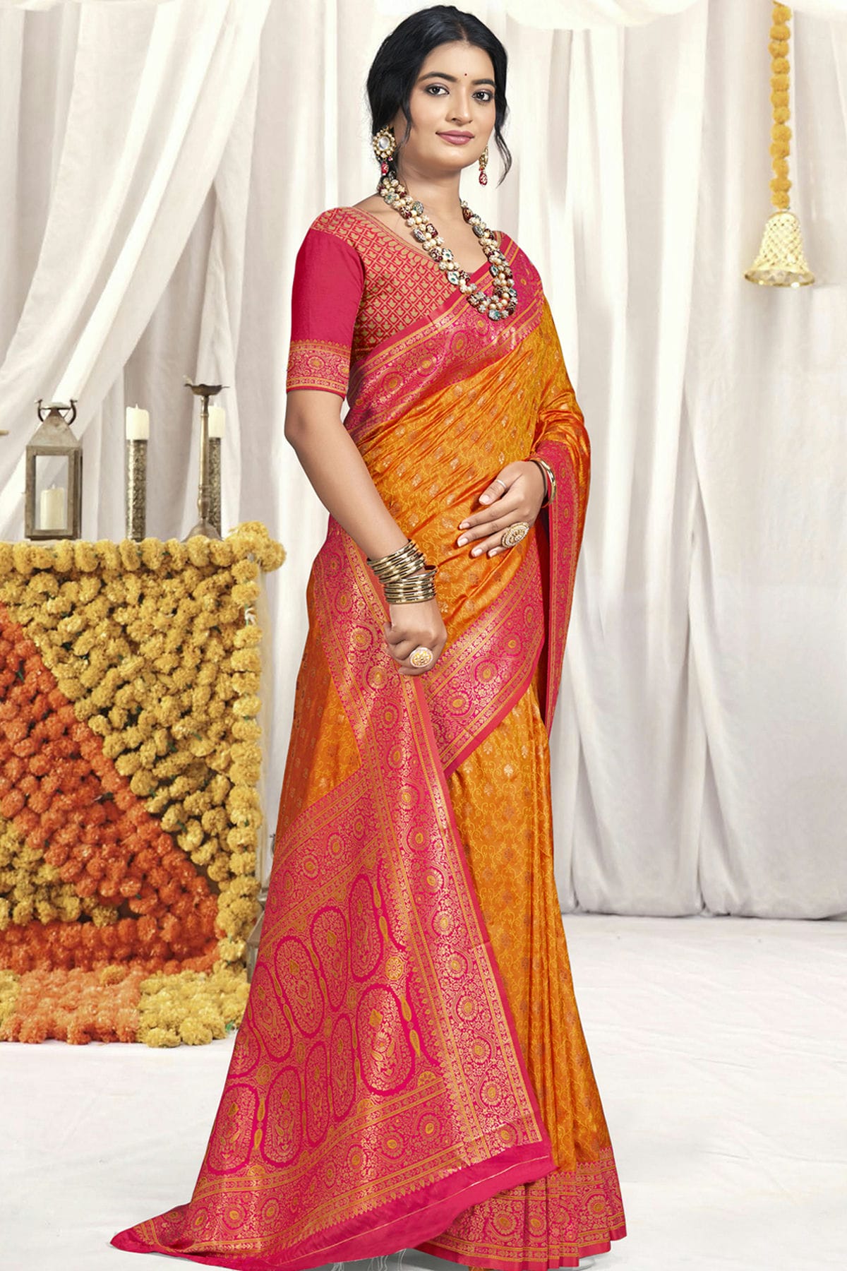 Orange and Pink Colour Silk Traditional Saree