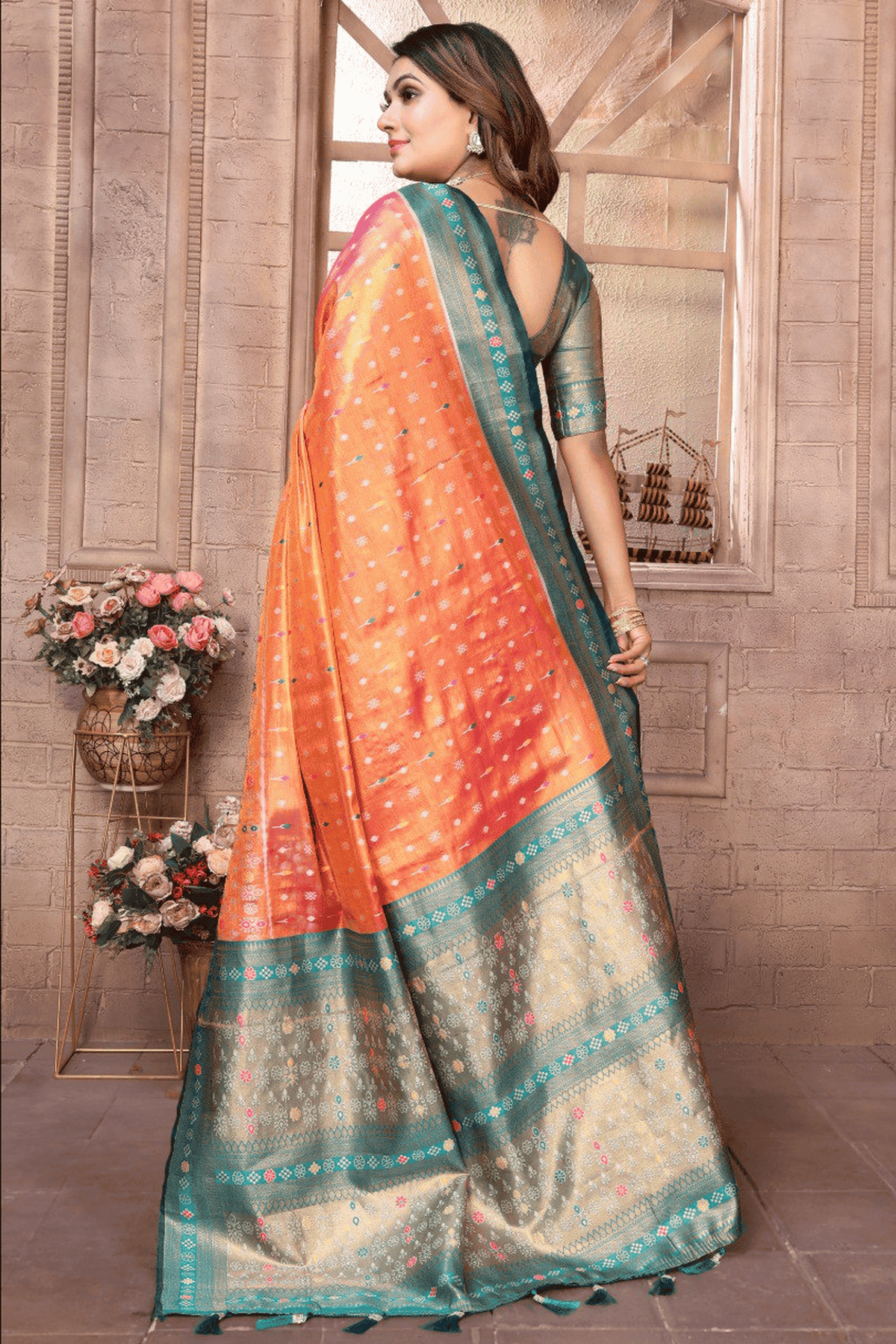 Orange and Pink Colour Woven Work Pure Banarasi Tissue Silk Traditional Saree VSSD1250298