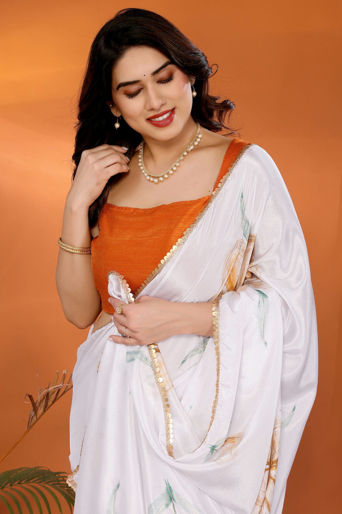 Orange and White Colour Chinon Chiffon Printed Saree VSSD1180215