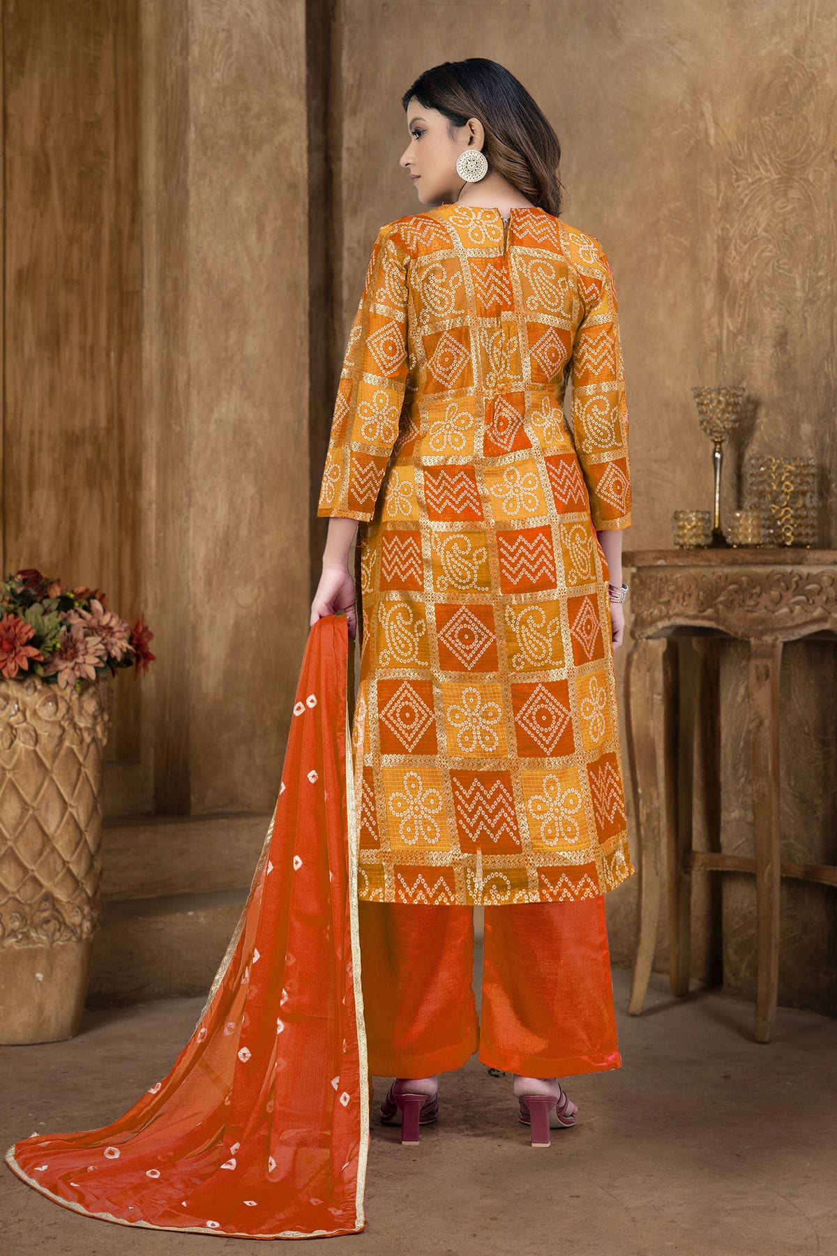 Orange and Yellow Colour Unstitched Cotton Plazzo Pant Suit