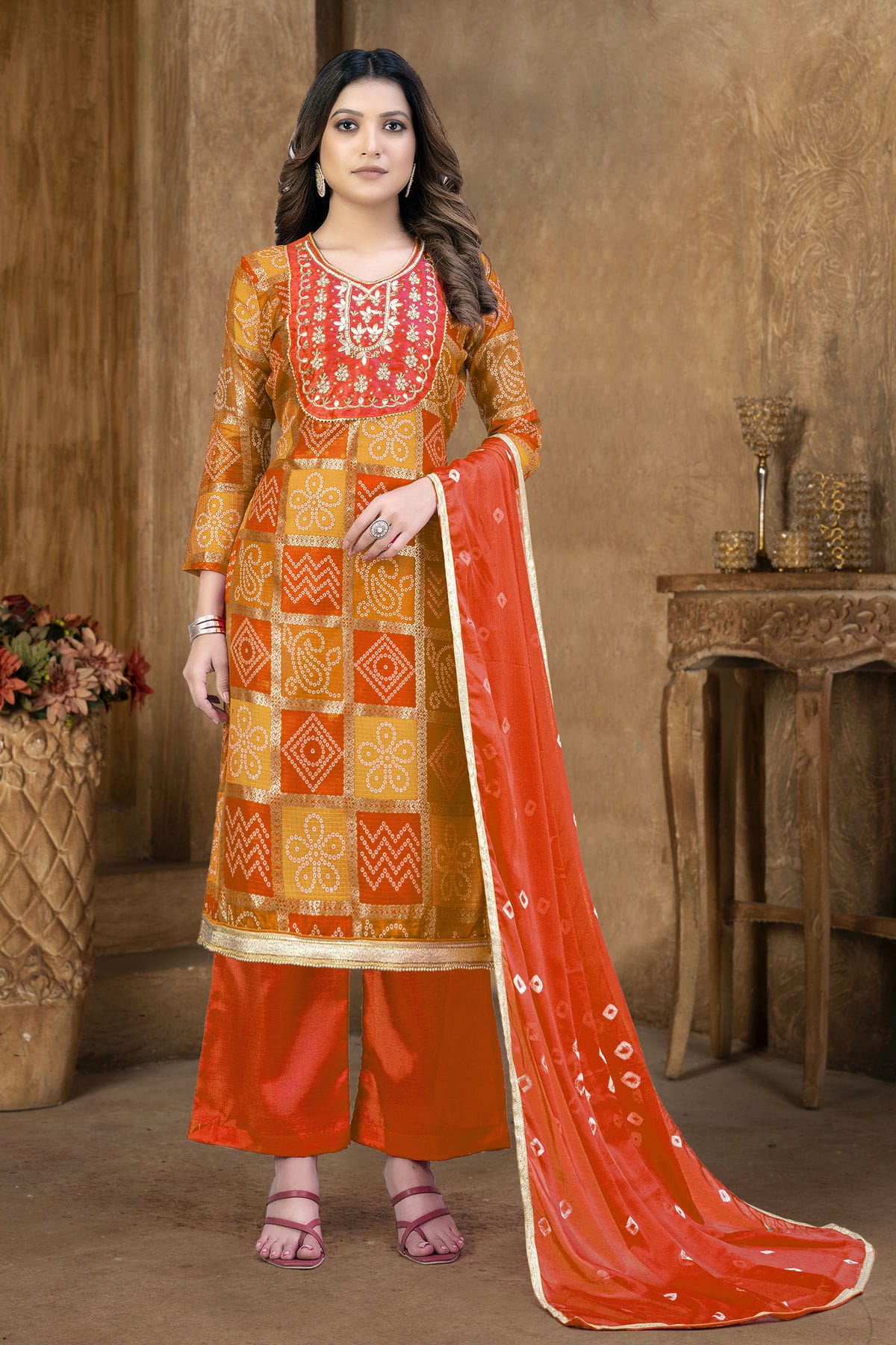 Orange and Yellow Colour Unstitched Cotton Plazzo Pant Suit