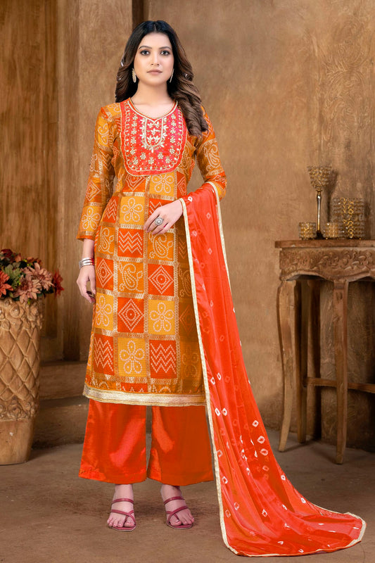 Orange and Yellow Colour Unstitched Cotton Plazzo Pant Suit