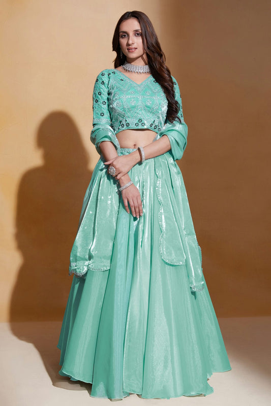 Organza  Designer Lehenga Choli In Aqua Blue Colour