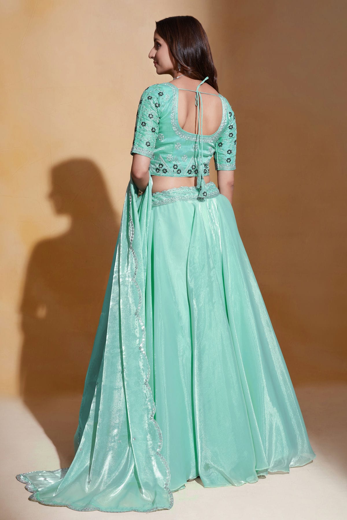 Organza Designer Lehenga Choli In Aqua Blue Colour