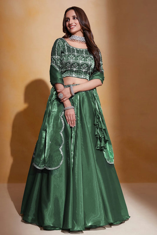 Organza  Designer Lehenga Choli In Green Colour