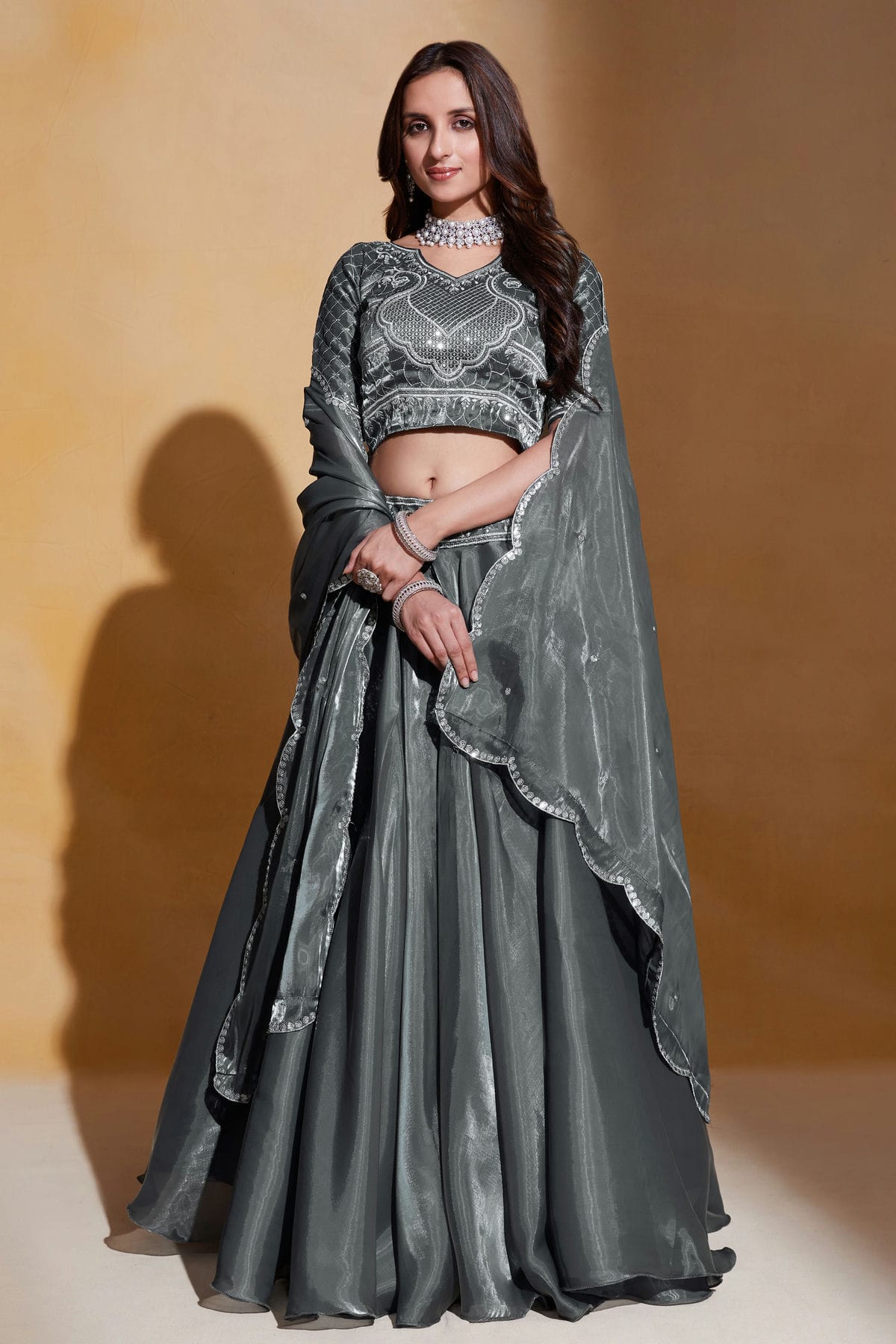 Organza  Designer Lehenga Choli In Grey Colour