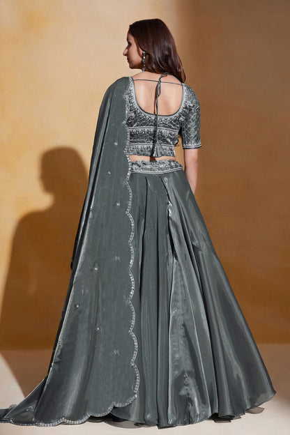 Organza Designer Lehenga Choli In Grey Colour