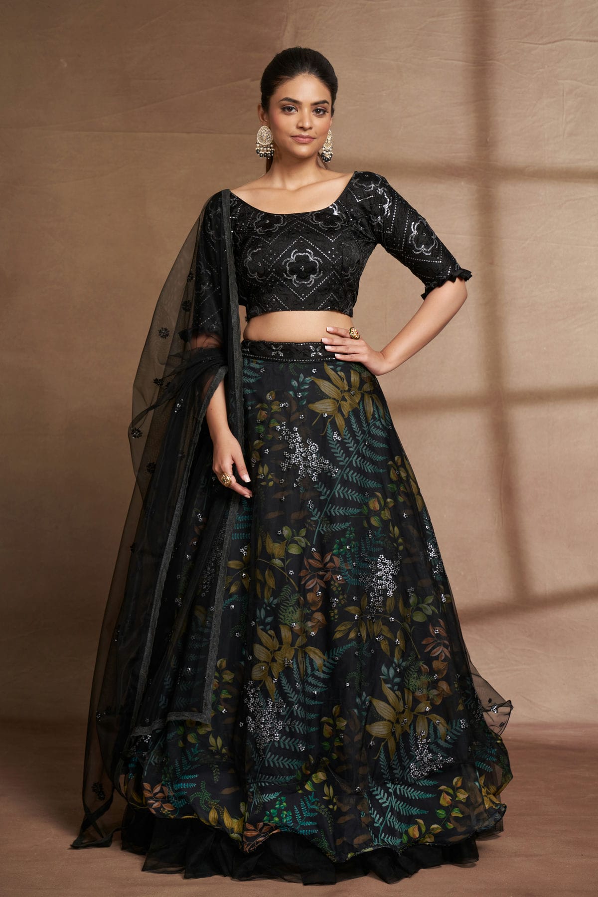 Organza and Net Designer Lehenga Choli In Black Colour