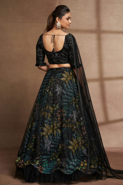 Organza and Net Designer Lehenga Choli In Black Colour