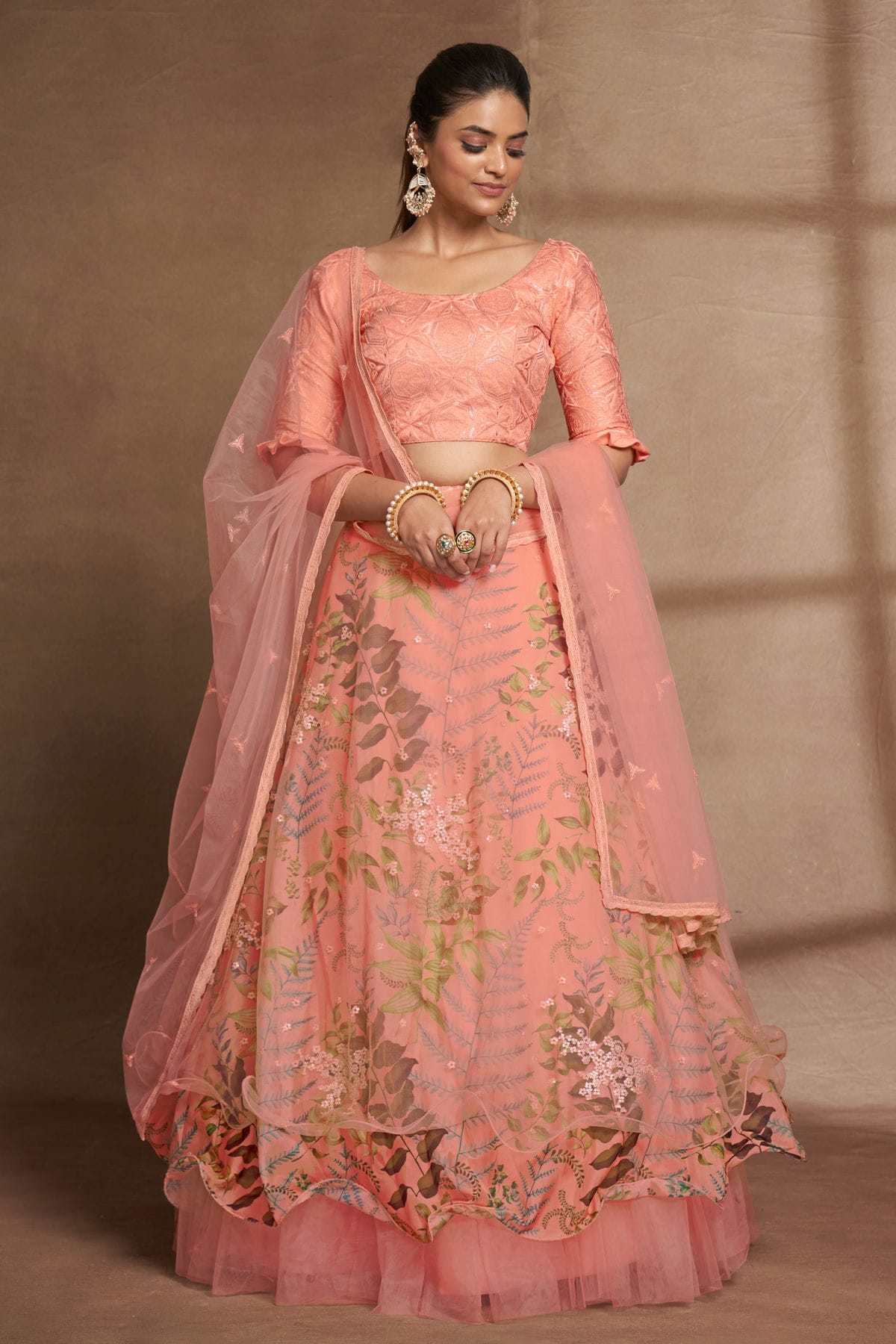 Organza and Net Designer Lehenga Choli In Peach Colour