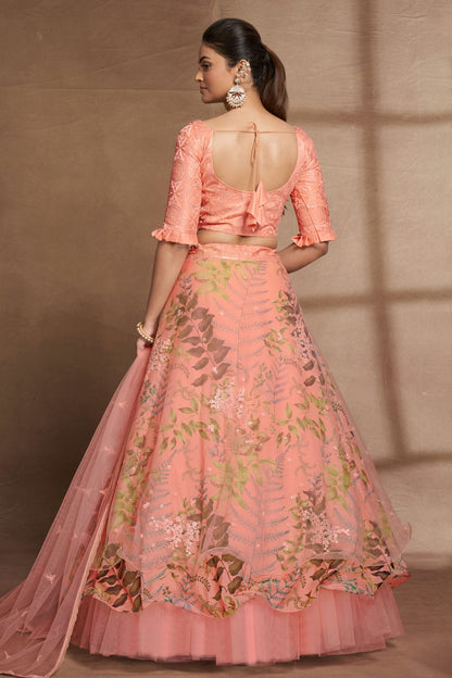 Organza and Net Designer Lehenga Choli In Peach Colour