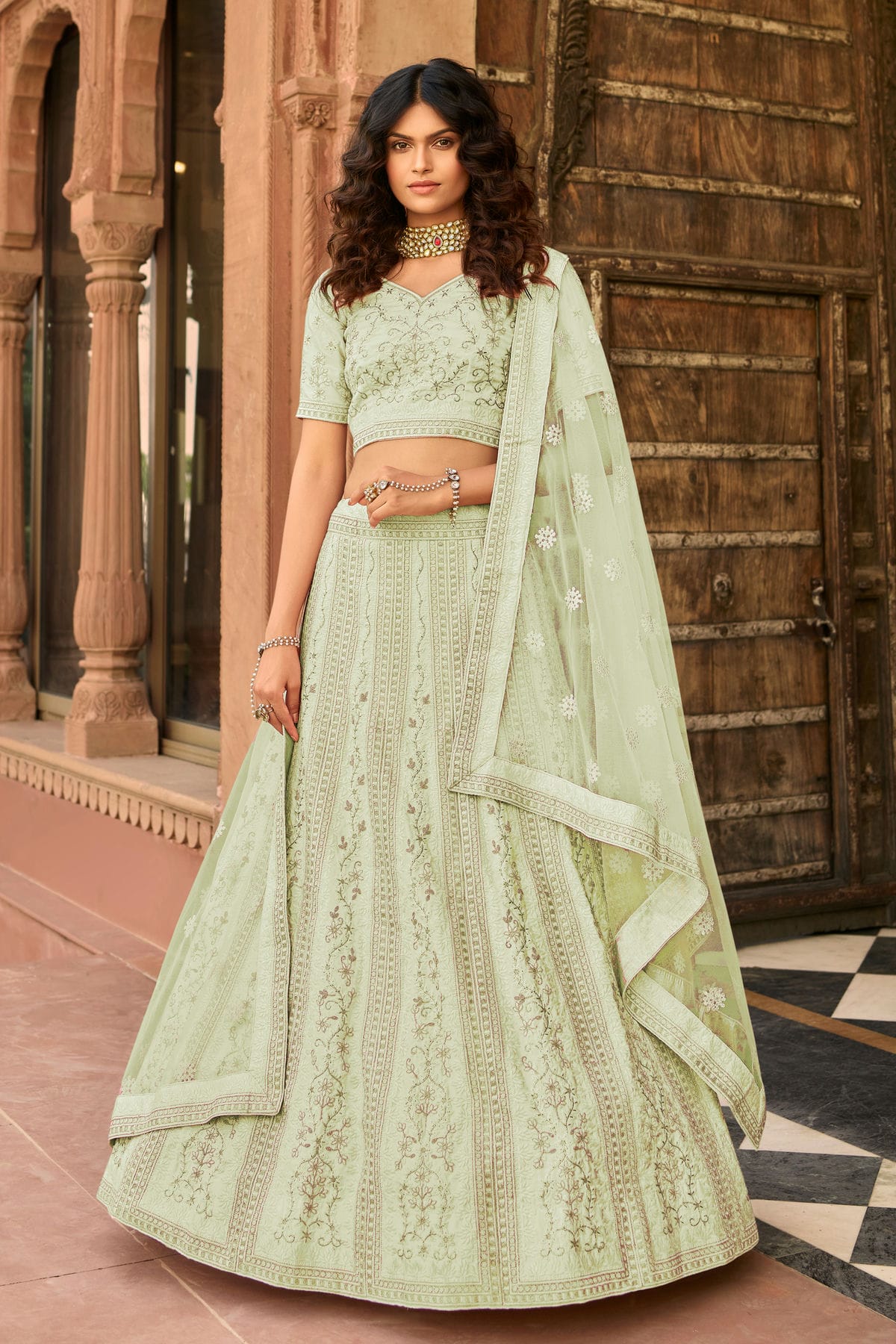 Pastel Green Colour Embroidery Organza Lehenga Choli