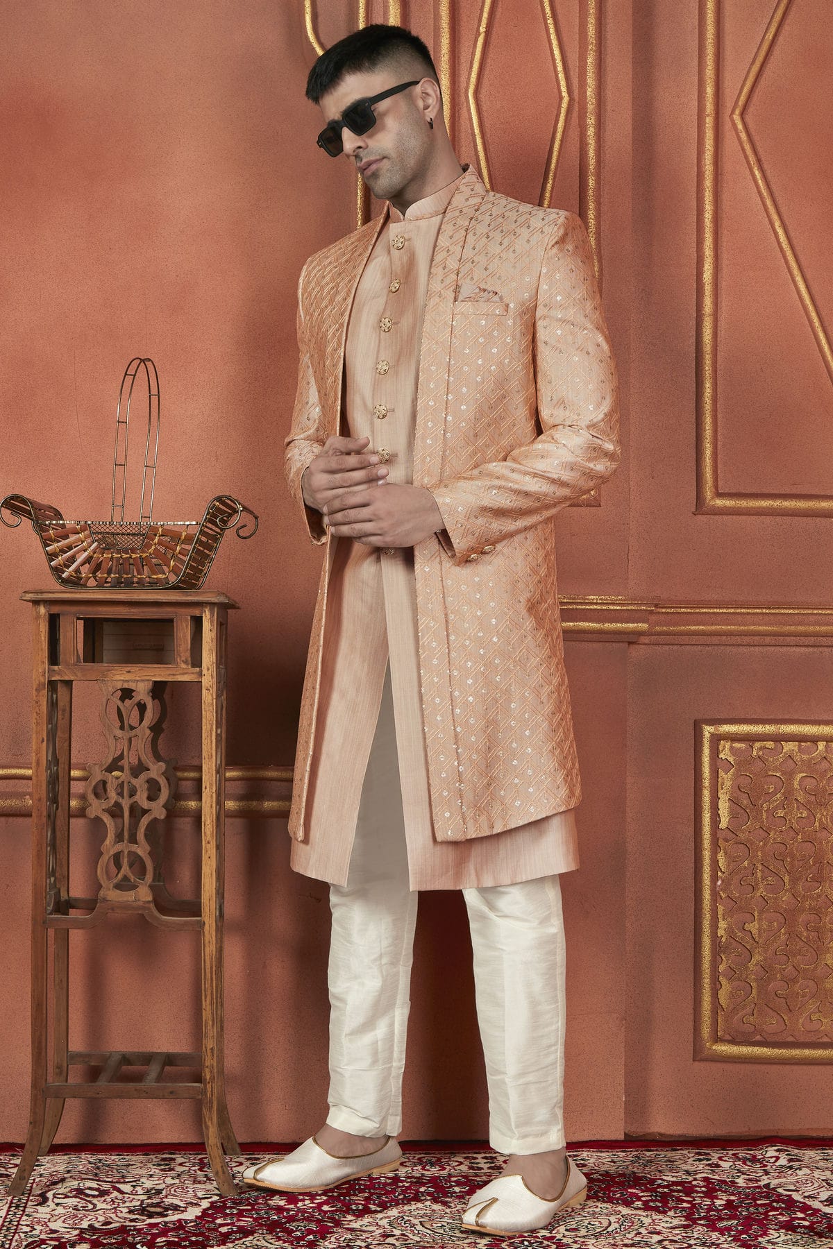 Peach Colour Art Silk Indowestern Sherwani With Aligadhi Pant