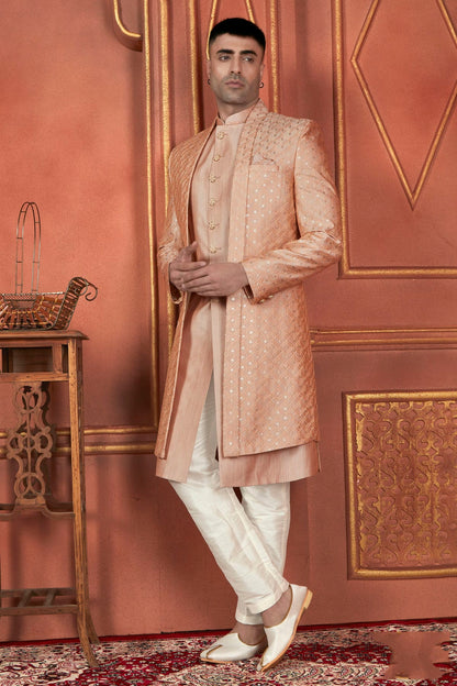 Peach Colour Art Silk Indowestern Sherwani With Aligadhi Pant