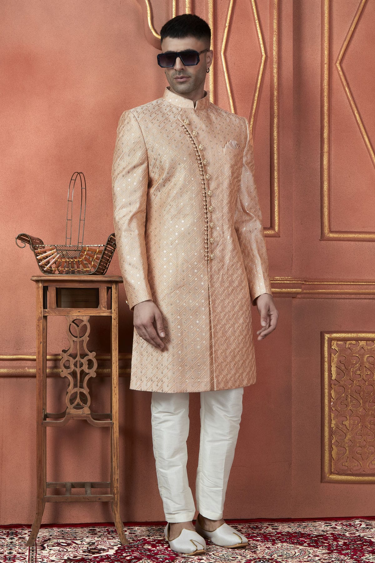 Peach Colour Art Silk Indowestern Sherwani With Aligadhi Pant VSSH1230101