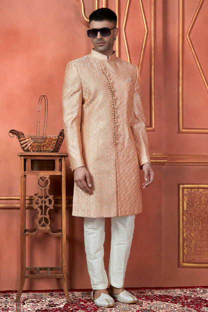 Peach Colour Art Silk Indowestern Sherwani With Aligadhi Pant VSSH1230101