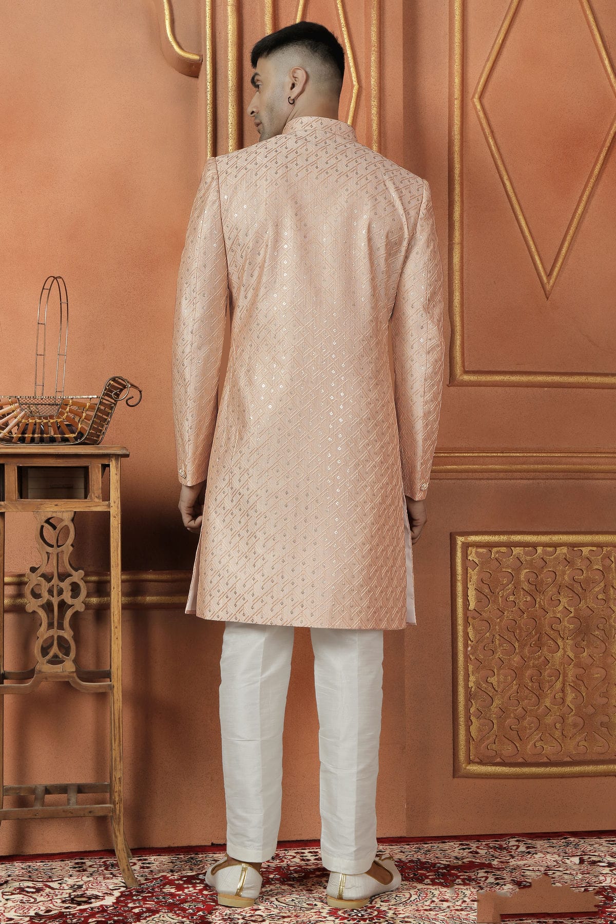 Peach Colour Art Silk Indowestern Sherwani With Aligadhi Pant VSSH1230101