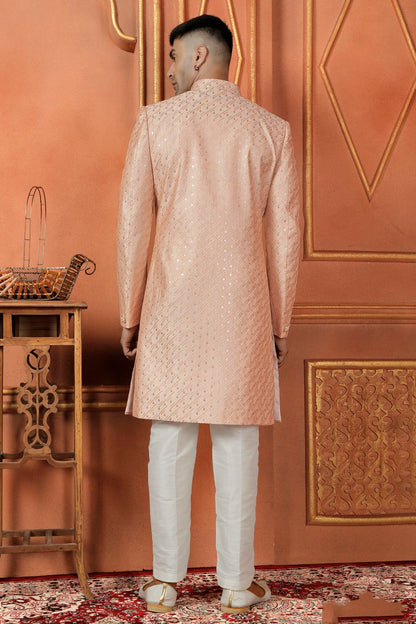 Peach Colour Art Silk Indowestern Sherwani With Aligadhi Pant VSSH1230101