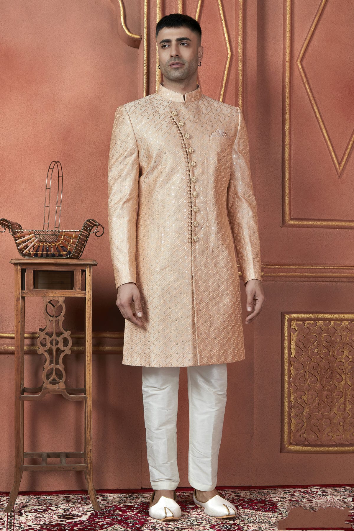 Peach Colour Art Silk Indowestern Sherwani With Aligadhi Pant