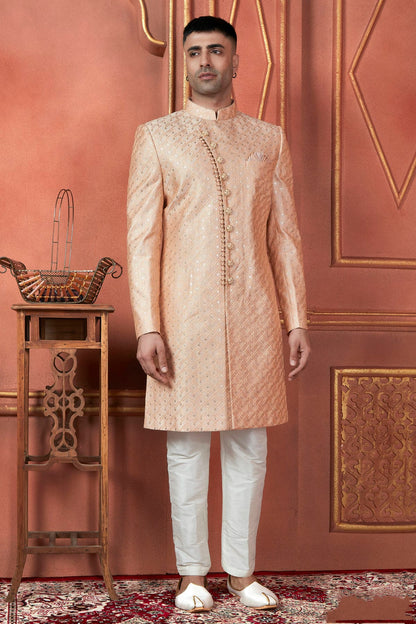 Peach Colour Art Silk Indowestern Sherwani With Aligadhi Pant