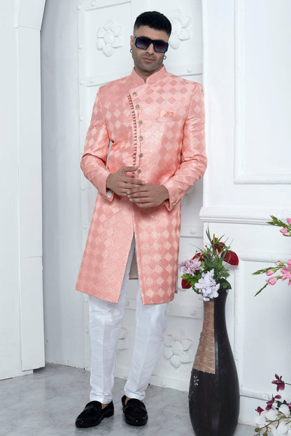 Peach Colour Art Silk Sherwani With Aligadhi Pant VSSH1230070