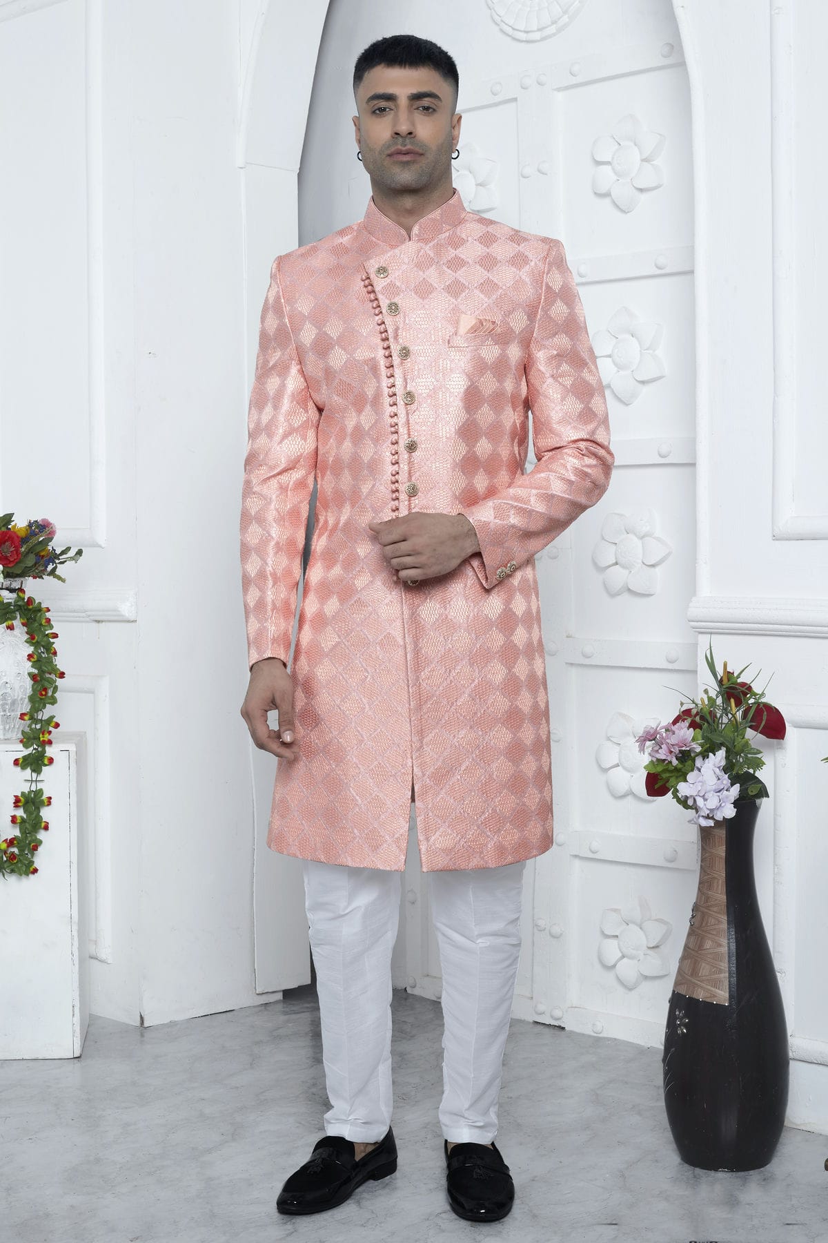 Peach Colour Art Silk Sherwani With Aligadhi Pant