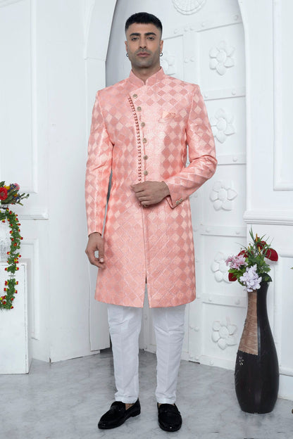 Peach Colour Art Silk Sherwani With Aligadhi Pant