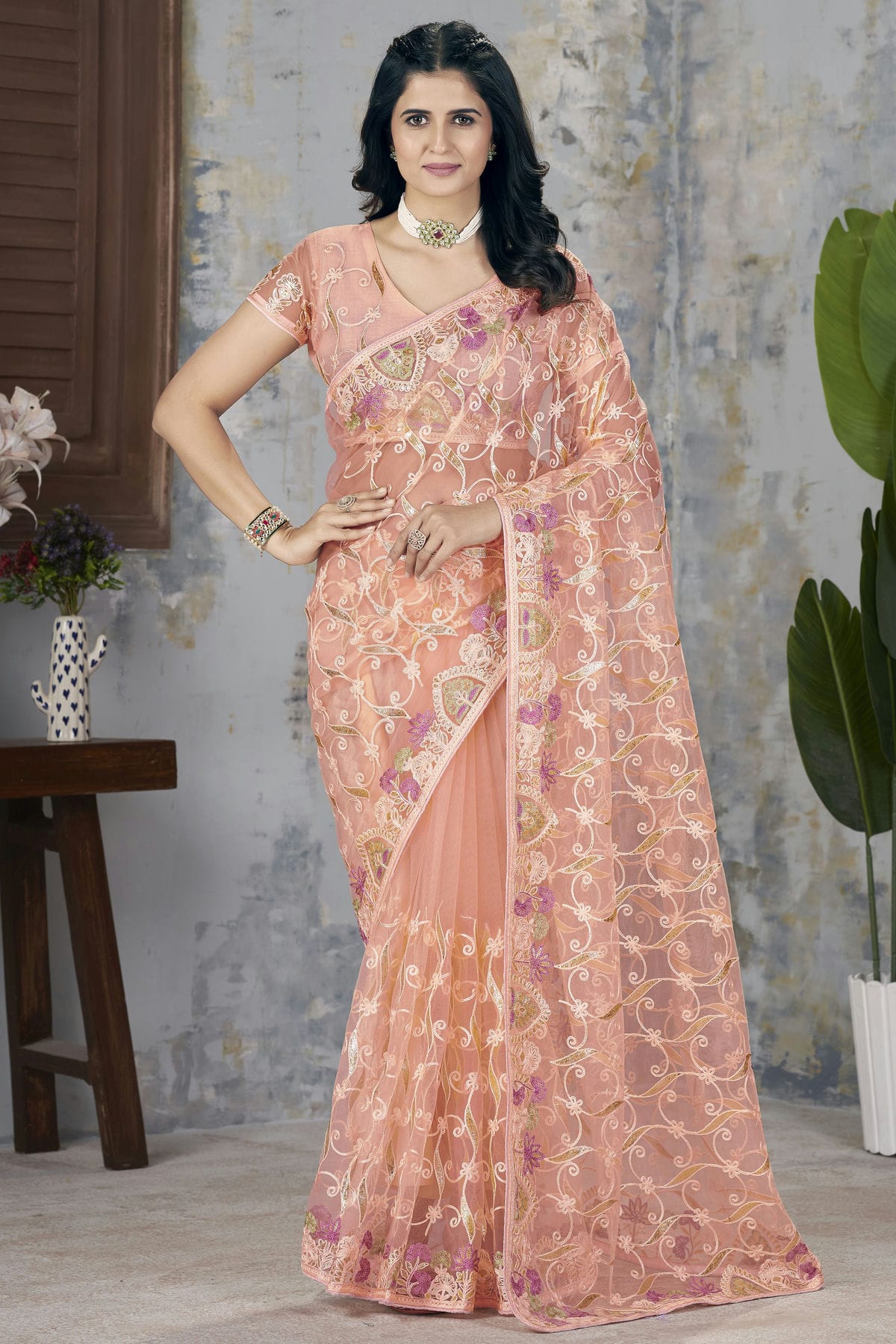 Peach-Colour-Butterfly-Net-Designer-Saree-VSSD1112564