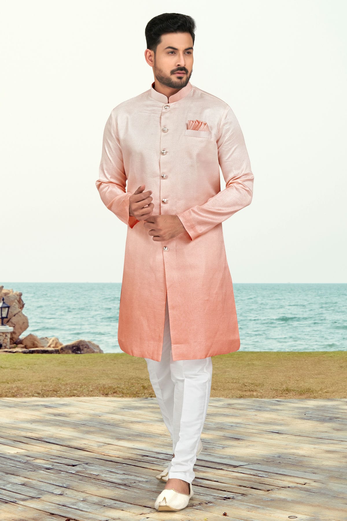 Peach Colour Champion Silk Indo Western Sherwani VSSH1040497