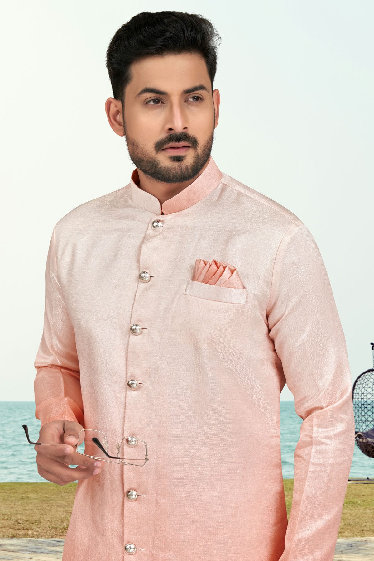 Peach Colour Champion Silk Indo Western Sherwani VSSH1040497