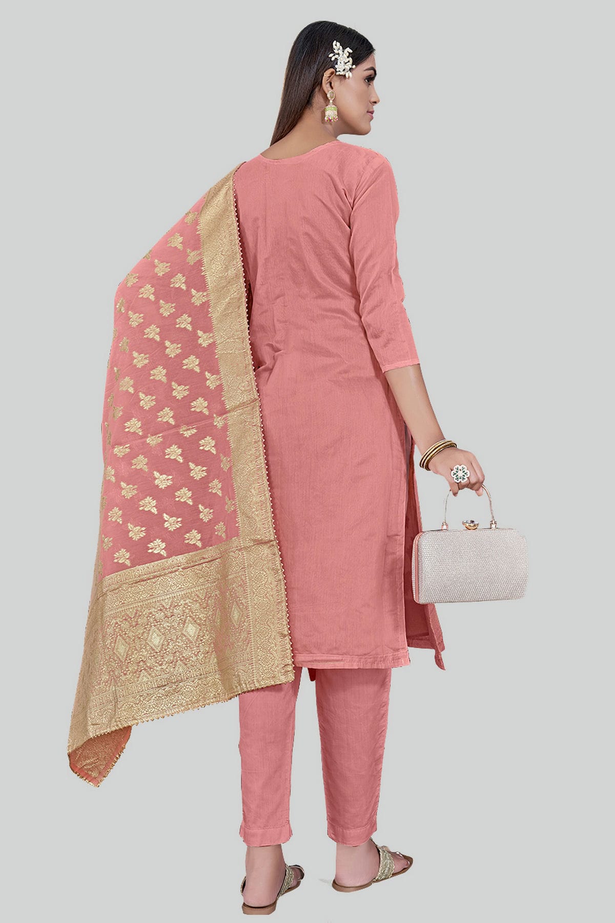 Peach Colour Chanderi Silk Pant Style Suit